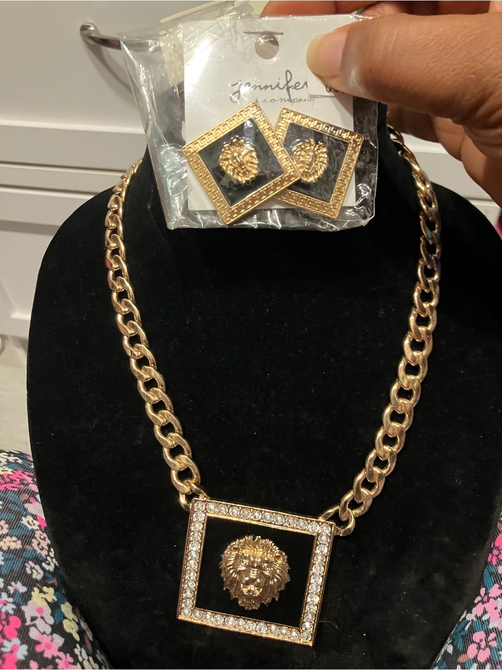 Jenni Gold Lion Square Pendant Necklace with Black Enamel Accent
